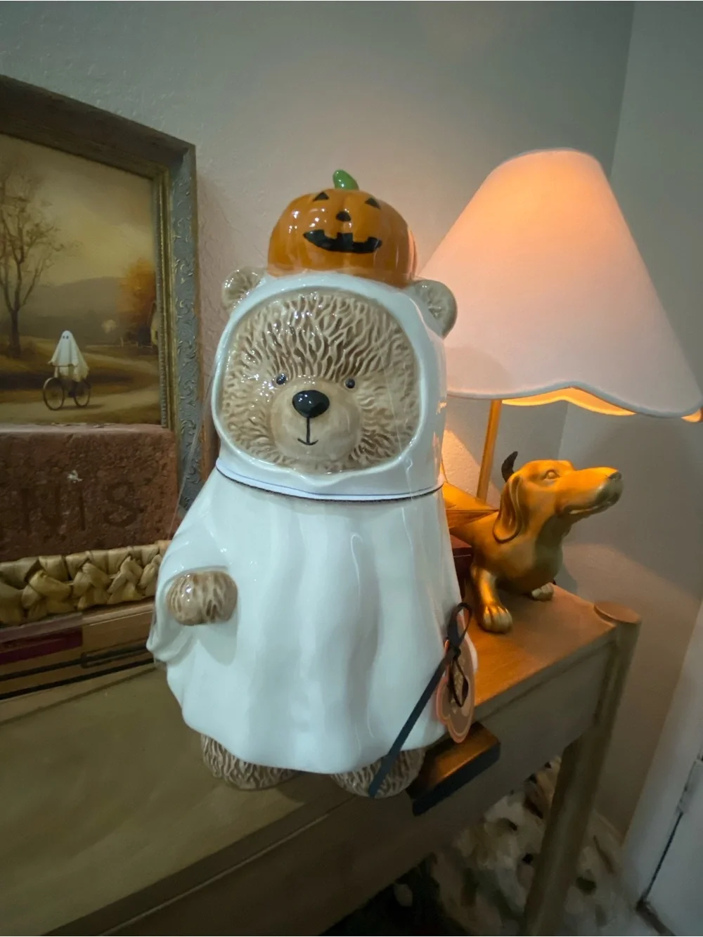 Ceramic Ghost Bear Cookie Jar in White with Pumpkin Hat